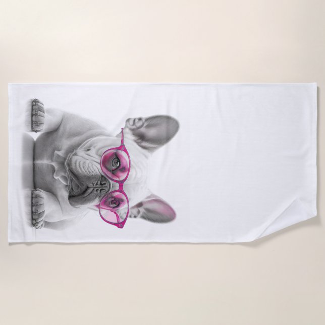 French Bulldog with pink glasses Beach Towel (Front)