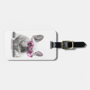 French Bulldog with pink glasses luggage tag