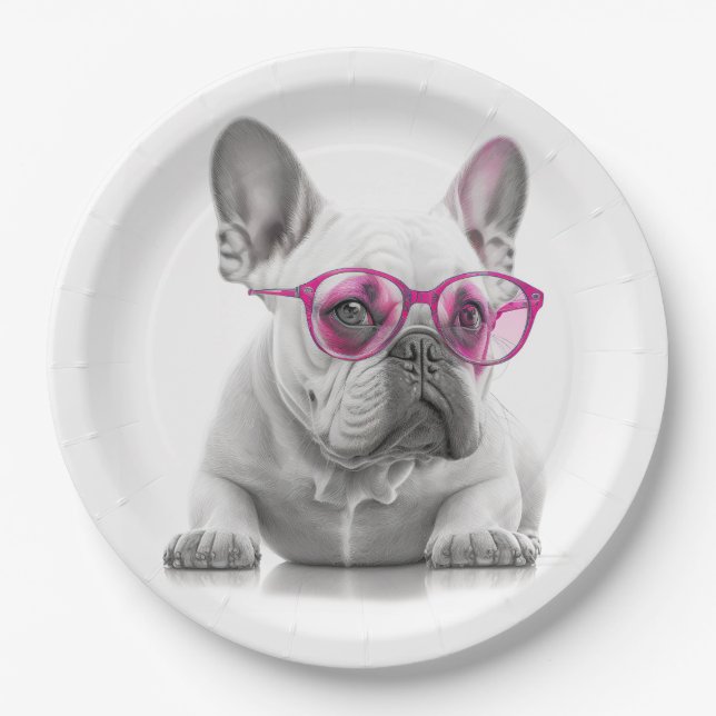 French Bulldog with pink glasses paper plate (Front)