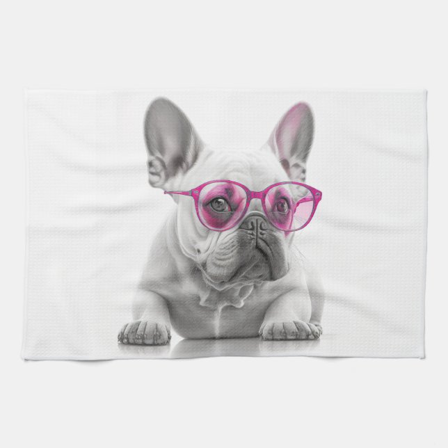 French Bulldog with pink glasses teatowel Tea Towel (Horizontal)