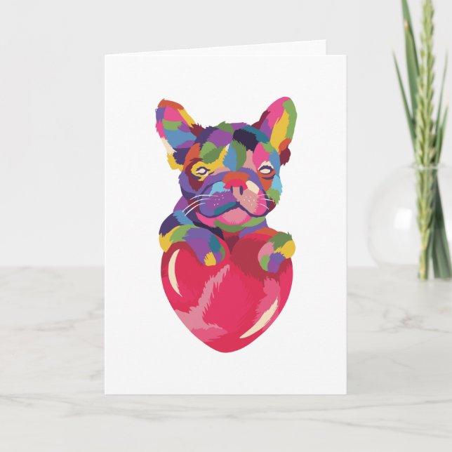French Bulldog with red heart colourful Card (Front)