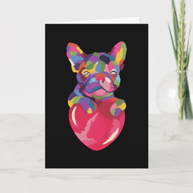 French Bulldog with red heart colourful Card (Front)