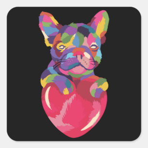 French Bulldog with red heart colourful Square Sticker
