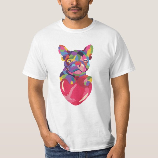 French Bulldog with red heart colourful T-Shirt (Front)