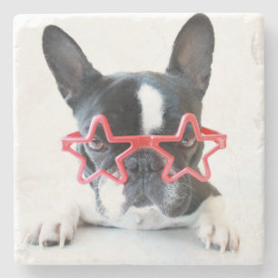 French Bulldog With Red Star Glasses Stone Coaster