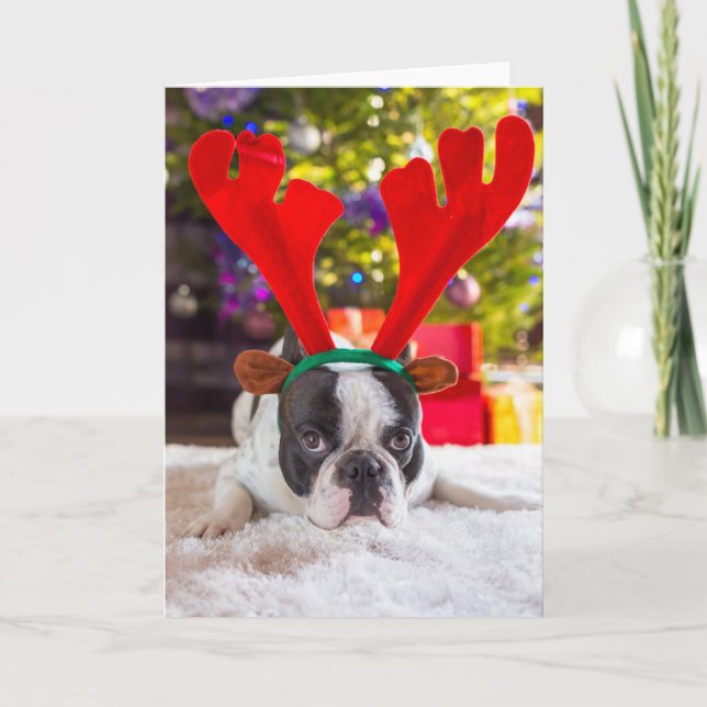 French Bulldog With Reindeer Horns Holiday Card (Front)