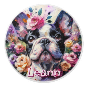 French Bulldog with Roses Dog Personalised Ceramic Knob