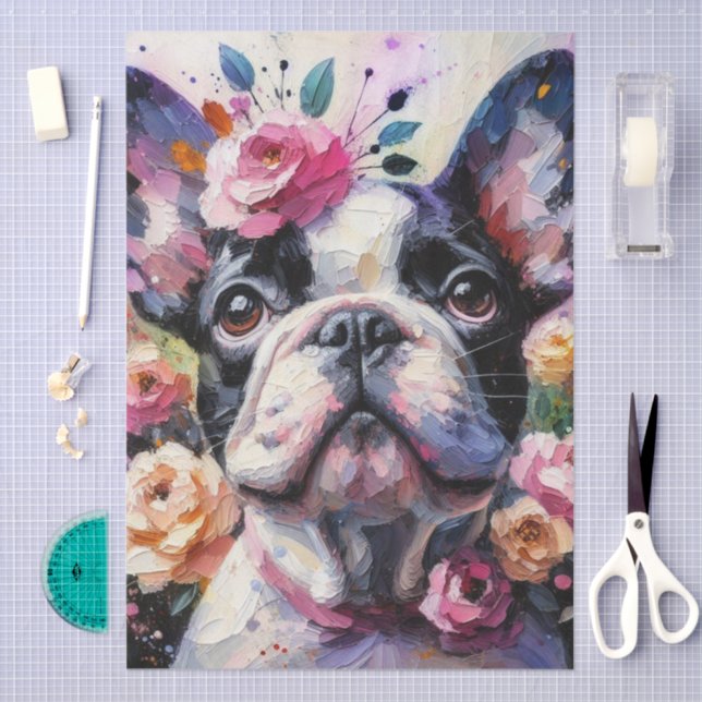 French Bulldog with Roses Floral Decoupage Tissue Paper (Craft)