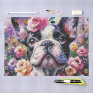 French Bulldog with Roses Floral Decoupage Tissue Paper