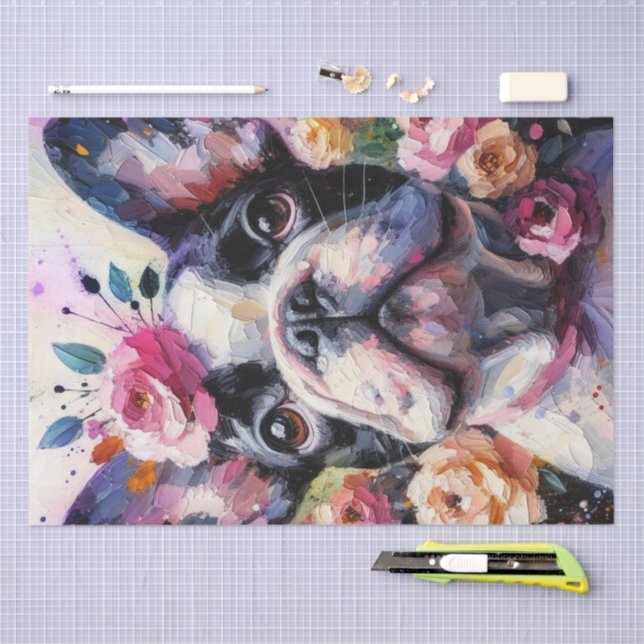 French Bulldog with Roses Floral Decoupage Tissue Paper (Craft)