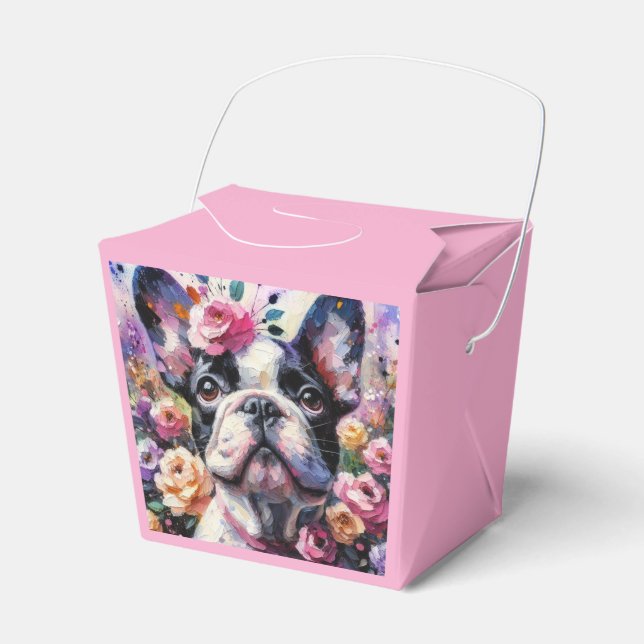 French Bulldog with Roses Floral Dog White Black Favour Box (Front Side)