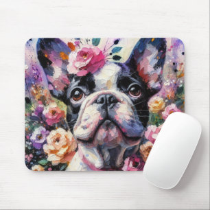 French Bulldog with Roses Floral Dog White Black Mouse Mat