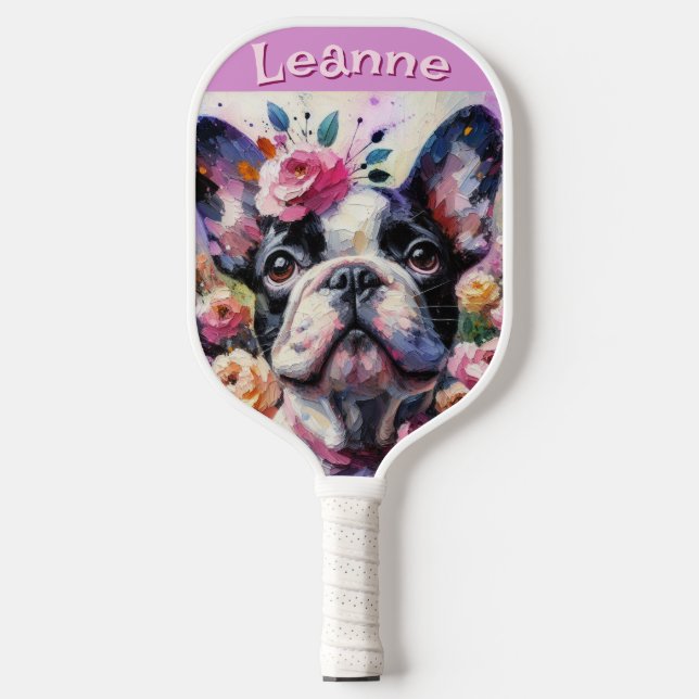 French Bulldog with Roses Floral Personalised Pickleball Paddle (Front)