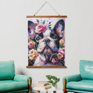 French Bulldog with Roses Impressionistic Painting Hanging Tapestry