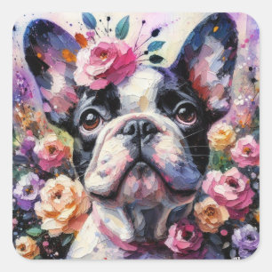 French Bulldog with Roses Impressionistic Painting Square Sticker