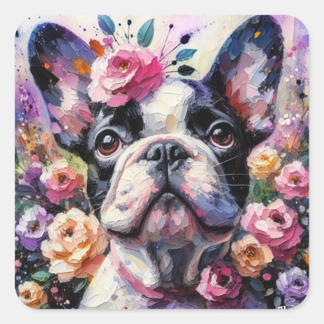 French Bulldog with Roses Impressionistic Painting Square Sticker (Front)