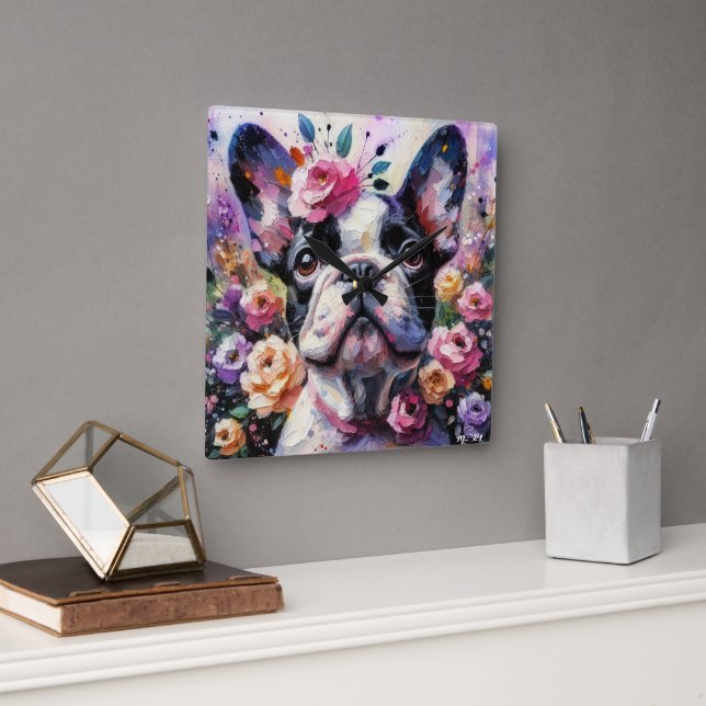 French Bulldog with Roses Impressionistic Painting Square Wall Clock (Office)
