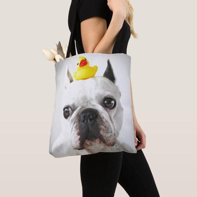 French Bulldog With Rubber Duck Tote Bag (Close Up)