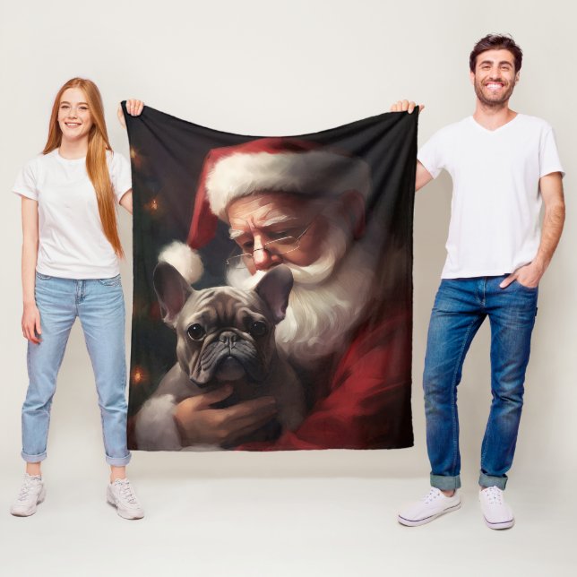 French Bulldog With Santa Claus Festive Christmas Fleece Blanket (In Situ)