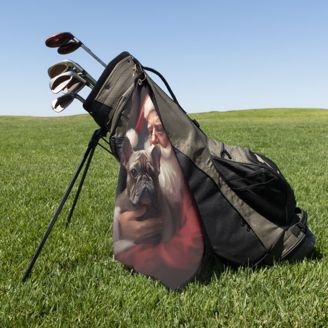 French Bulldog With Santa Claus Festive Christmas Golf Towel (Green)