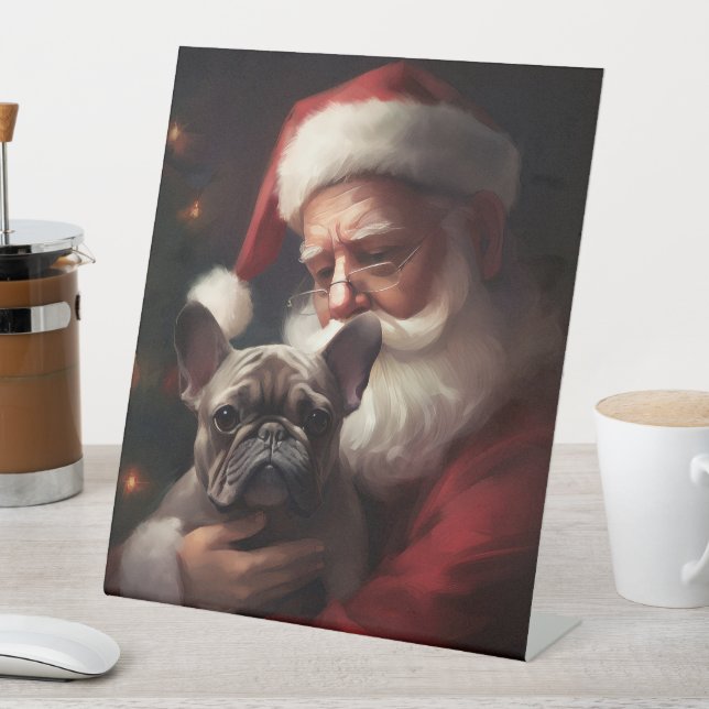 French Bulldog With Santa Claus Festive Christmas Pedestal Sign (In SItu)