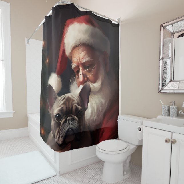 French Bulldog With Santa Claus Festive Christmas Shower Curtain (In Situ)