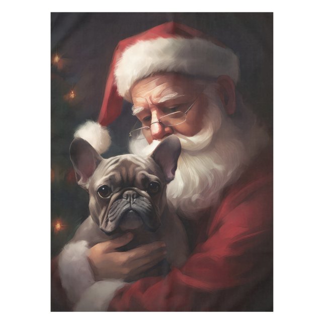 French Bulldog With Santa Claus Festive Christmas Tablecloth (Front)