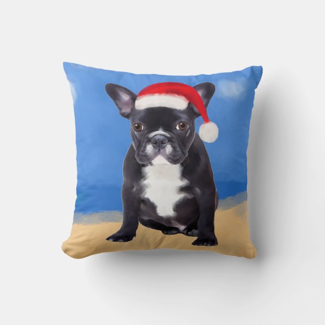 French Bulldog With Santa Hat Christmas Cushion (Front)