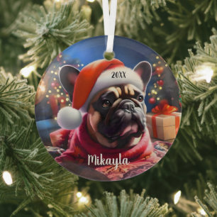 French Bulldog with Santa Hat Christmas Glass Tree Decoration
