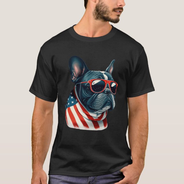 French Bulldog With Sunglasses And American Flag U T-Shirt (Front)
