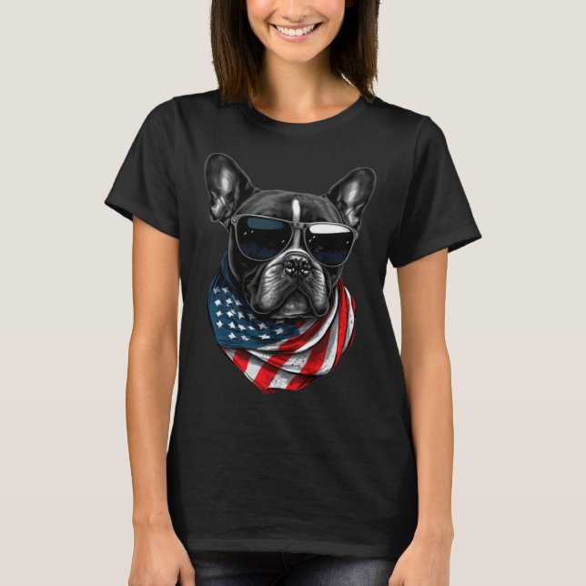 French Bulldog With Sunglasses And American Flag U T-Shirt (Front)