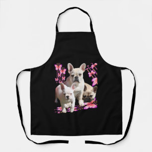 French bulldog with three bulldoggs in pink apron