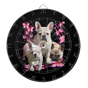 French bulldog with three bulldoggs in pink dartboard