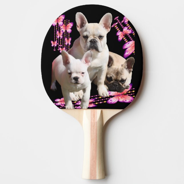 French bulldog with three bulldoggs in pink ping pong paddle (Front)
