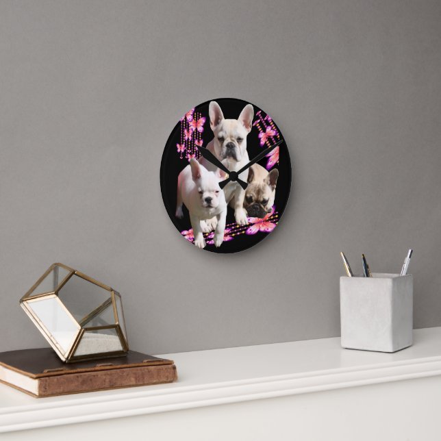 French bulldog with three bulldoggs in pink round clock (Office)
