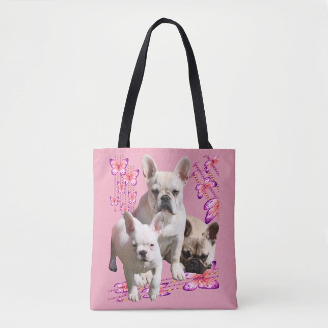 French bulldog with three bulldoggs in pink tote bag (Front)