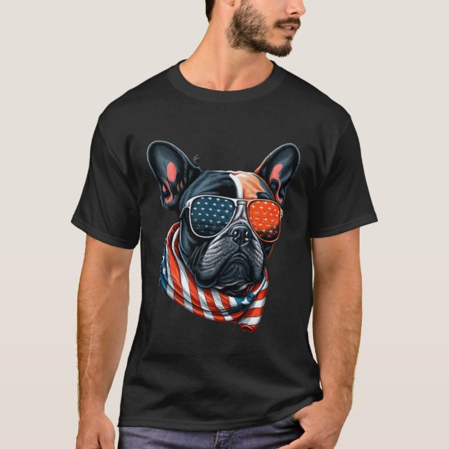 French Bulldog With USA Sunglasses And American Fl T-Shirt (Front)