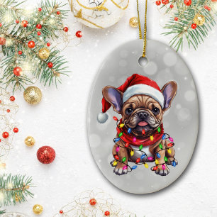 French Bulldog Wrapped in Christmas Lights Ceramic Tree Decoration