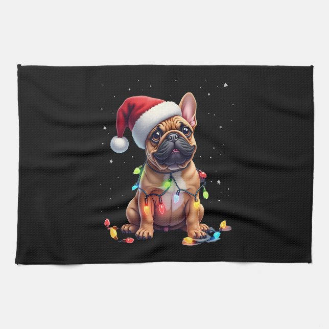 French Bulldog Xmas Lighting Santa French Bulldog  Tea Towel (Horizontal)