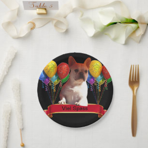 French bulldogge with balloons paper plate