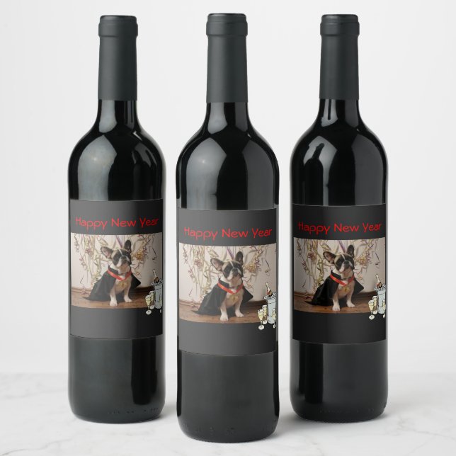 French Bulldoggen Happy New Year labels (Bottles)
