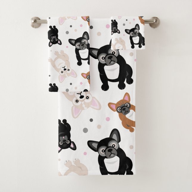 French Bulldogs and Polka Dots Cute Frenchies Bath Towel Set (Insitu)