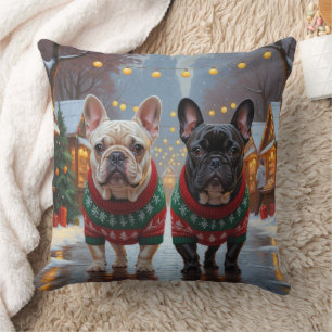 French Bulldogs Christmas Snow Holiday Cushion