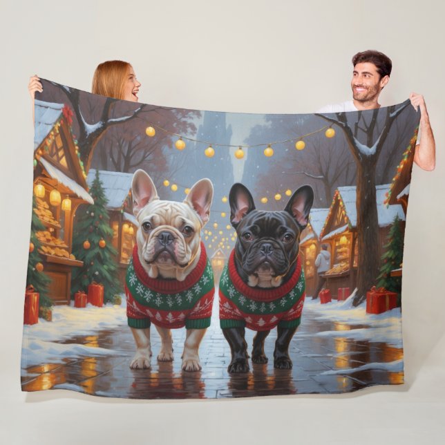 French Bulldogs Christmas Snow Holiday Fleece Blanket (In Situ)