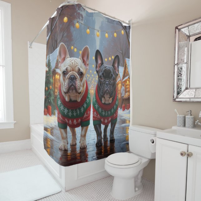 French Bulldogs Christmas Snow Holiday Shower Curtain (In Situ)