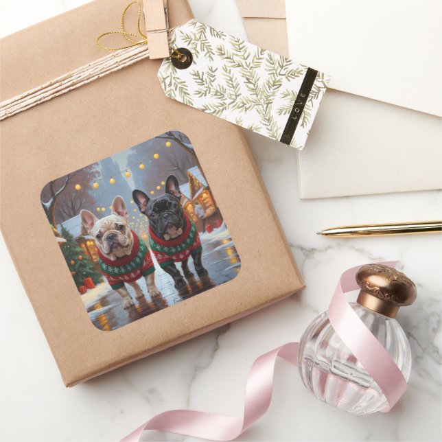 French Bulldogs Christmas Snow Holiday Square Sticker (Gifting)