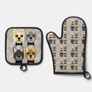 French Bulldogs Herringbone Grey Oven Mitt & Pot Holder Set