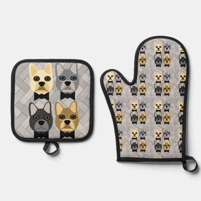 French Bulldogs Herringbone Grey Oven Mitt & Pot Holder Set (Front)