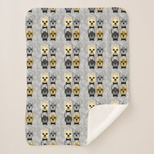 French Bulldogs Herringbone Grey Sherpa Blanket