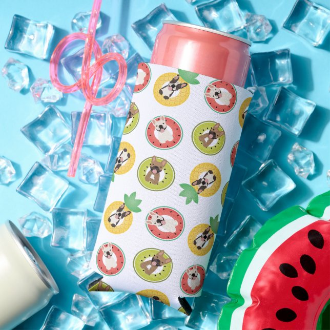 French Bulldogs In Fruit Pool Floats Pattern Seltzer Can Cooler (In Situ Summer)